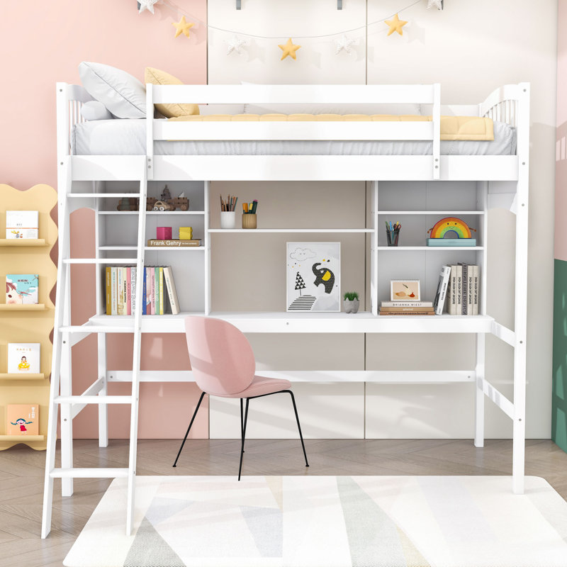 Lit mezzanine simple avec bureau, tablettes et échelle, Blanc