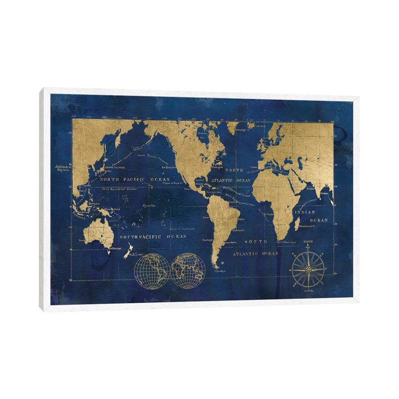 Indigo World Map by Carol Robinson - Print on Canvas, White Framed, 152.5 cm H x 101.5 cm W