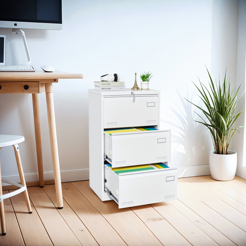 Mirri Locking Metal File Cabinets with Three Drawer, White