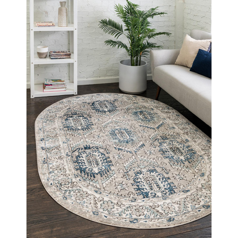Tapis gris / ivoire / bleu Weingartner, Ovale 5 pi 3 po x 8 pi