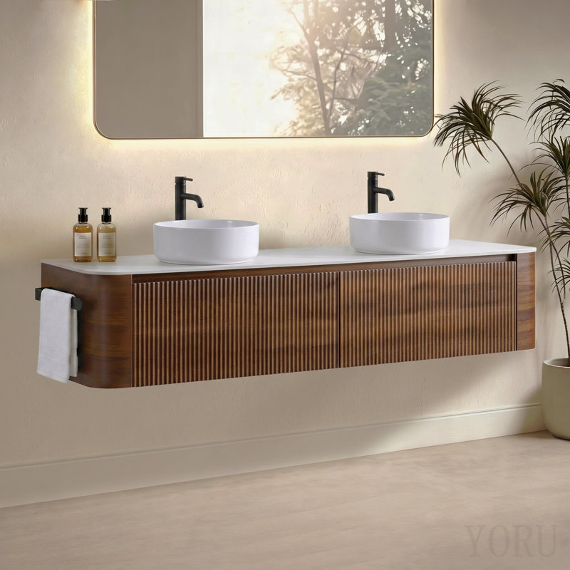 Meuble-lavabo 72 po avec lavabo, armoire murale en noyer avec porte-serviettes gratuit, lavabos doubles en céramique blanche, sans drain et robinet, pré-assemblé