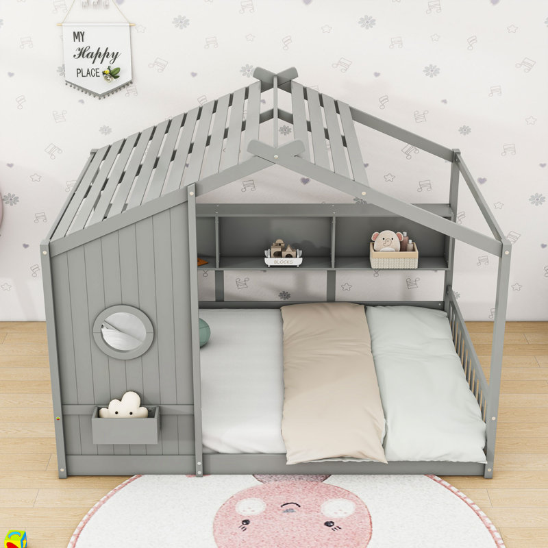 Lit maison en bois avec tablettes et lattes de rangement, Gris, Double