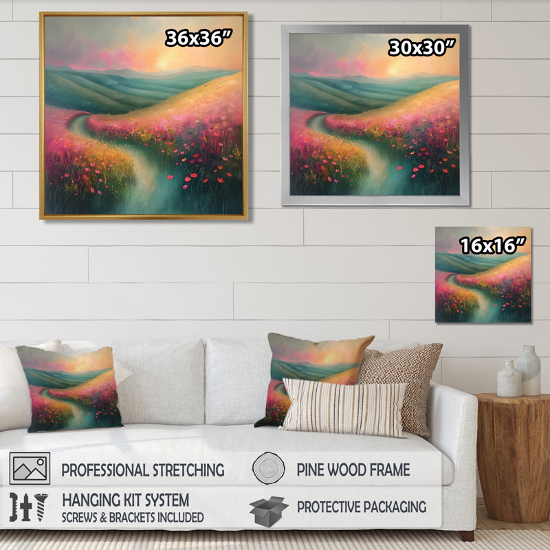 Fleur rose romantique Summer Meadows I - Fleurs, art mural salon, Cadre simple noir, H 16 po x l 16 po