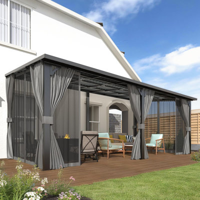 Heavy Duty Lean to Metal Outdoor Hardtop Gazebo Pergola with Curtains and Netting