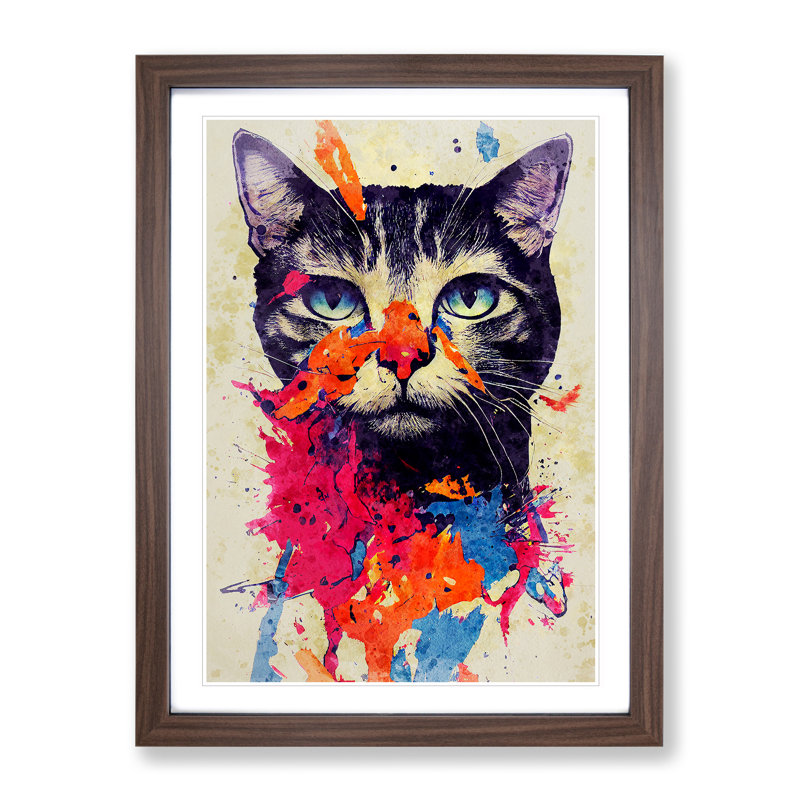 Catt Paint Splash No.6 - Wall Art, 66cm H x 48cm W x 2cm D, Walnut Framed, White