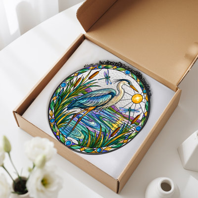 Blue Heron Dragonflies Stained Glass Circle Canvas Wall Art