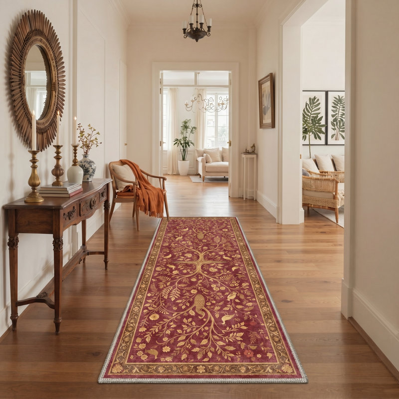 Silvan Vintage Machine Washable Gold / Red Indoor Area Rug with Non-Slip Backing, Runner 2' x 6'