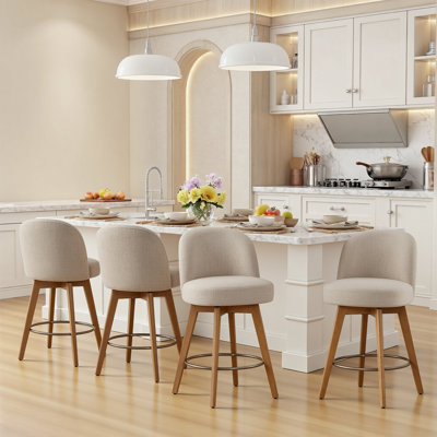 26" Mid Century Modern Counter Height Bar Stools Set of 4, 360° Swivel Barstools with Solid Wood Legs, Island Chairs with Backrest