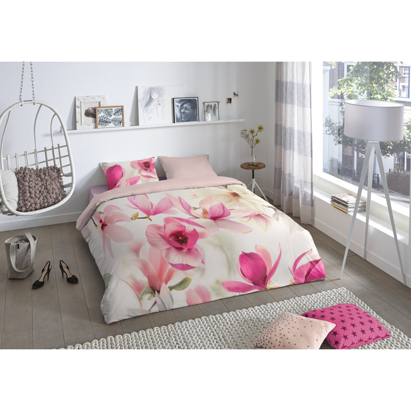 Cotton Floral Duvet Cover with Pillowcases, 155 x 220 cm - 2 Pillowcases 80 x 80 cm