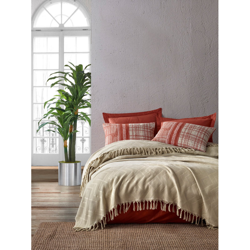 Ensemble de couvre-lit 100% coton 4 pièces Madie, Beige / rouge carreau