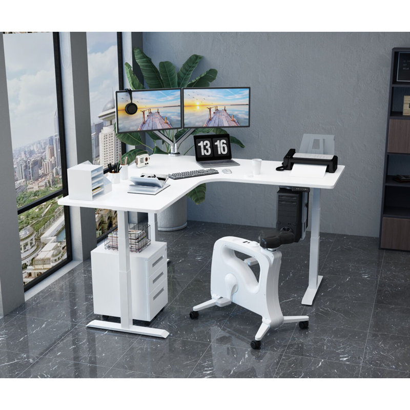 Adjustable L-Shaped Metal Base Writing Desk, White/White