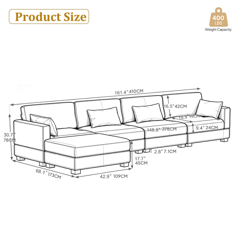 Maelina L-Shaped Corduroy Modular Sectional with Removable Cushion Cover, 30.7"H x 161.4" W x 68.1" D, Camel Corduroy