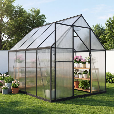 Serre en polycarbonate 6 pi x 8 pi, serre verte avec fenêtre de toit réglable et cadre en aluminium pour jardin extérieur, noir