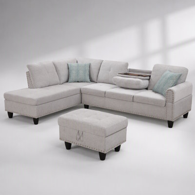 L-shaped Faux Leather Sectional Sofa with Storage Ottoman and Toss Pillows, Perfect for Comfort and Organization
