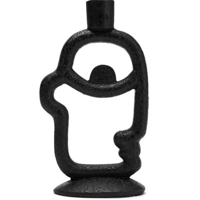 Abstract Face Taper Candle Holder Black Medium Resin Candlestick