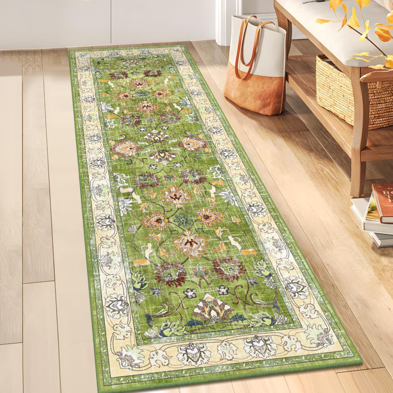 Non-Slip Vintage Floral Hallway Rug with Rubber Backing, Low Pile Non-Shedding Soft Distressed Carpet Runner for Bedroom, Kitchen, Laundry, Entrance