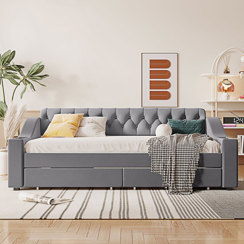 Lit de jour moderne tapissier simple avec accoudoirs et tiroirs de rangement, Gris