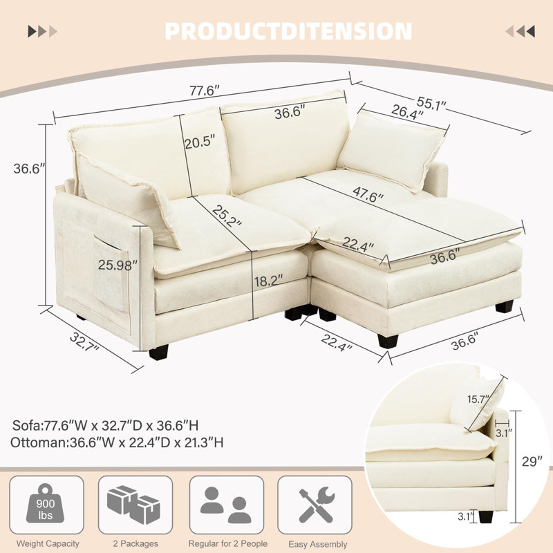 Latitude Run® Patty - Canapés modulaires confortables avec repose-pieds / coussins, 2 canapés modulaires confortables pour le salon, la chambre à coucher (77,6 po, blanc crème)