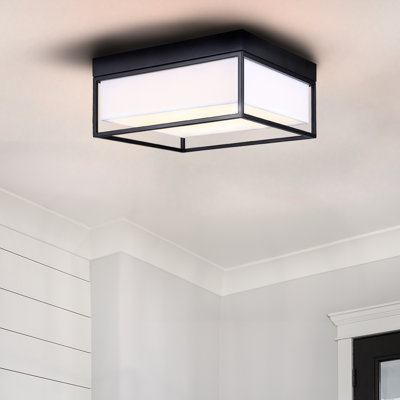 Jivon 12 In. 1 Light Integrated LED Black Contemporary Flush Mount With White Fabric Shade