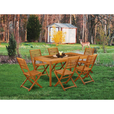 Ensemble de salle à manger 7 pièces pour patio composé d'une table d'extérieur rectangulaire en bois d'acacia et de 6 chaises d'appoint pliantes, huile naturelle