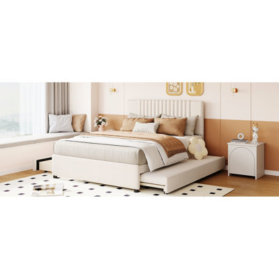 Lit plateforme tapissier beige avec 2 tiroirs et un lit gigogne, tête de lit classique, fabrication robuste en contreplaqué, options de rangement maximales, processus d'assemblage pratique beige, tête de lit, solide