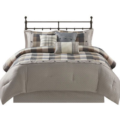 7 Piece Herringbone Comforter For King Bed, Buffalo Plaid, Filling, 2 Shams, 3 Decorative Pillows, Printed Bed Skirt, Steam King, Cabin Style, ,