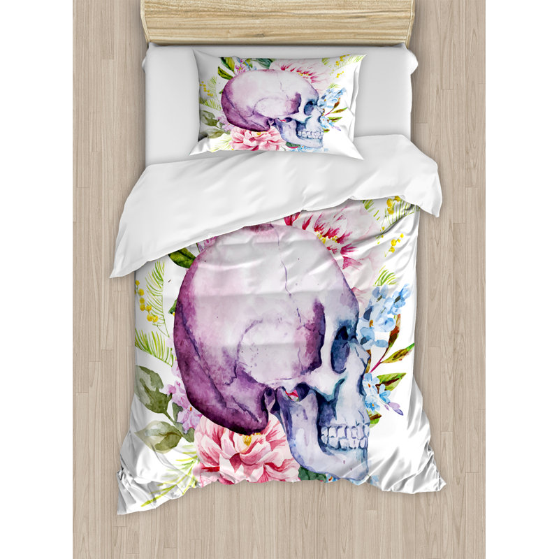 Skull Traditional Polyester Floral Duvet Cover, Twin