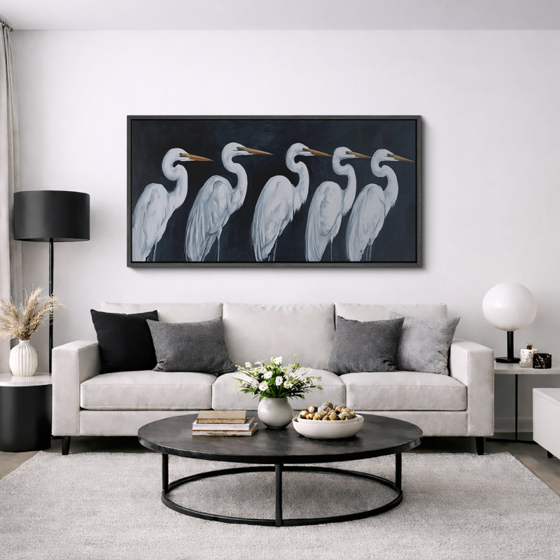 «White Heron Birds», impression sur toile encadrée, Noir, H 30 po x l 60 po x P 1,5 po