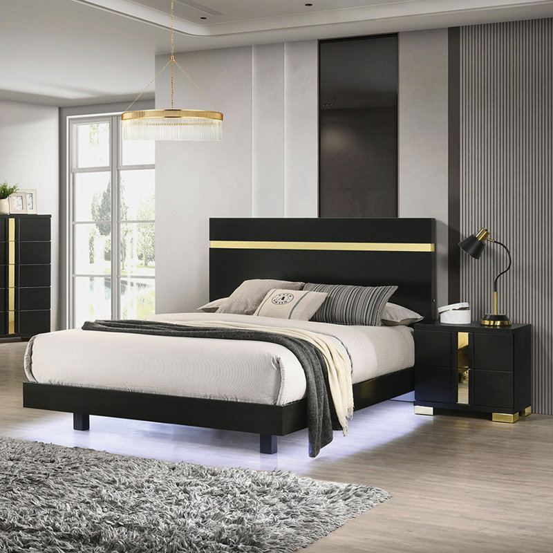 Ensemble de chambre à coucher moderne 3 pièces avec tables de chevet 2 x DEL, Noir, Très grand