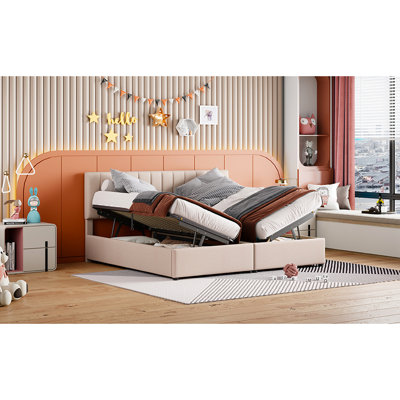 King Size Bed With Hydraulic Upholstered Storage In Beige Hue And Artistic Design
