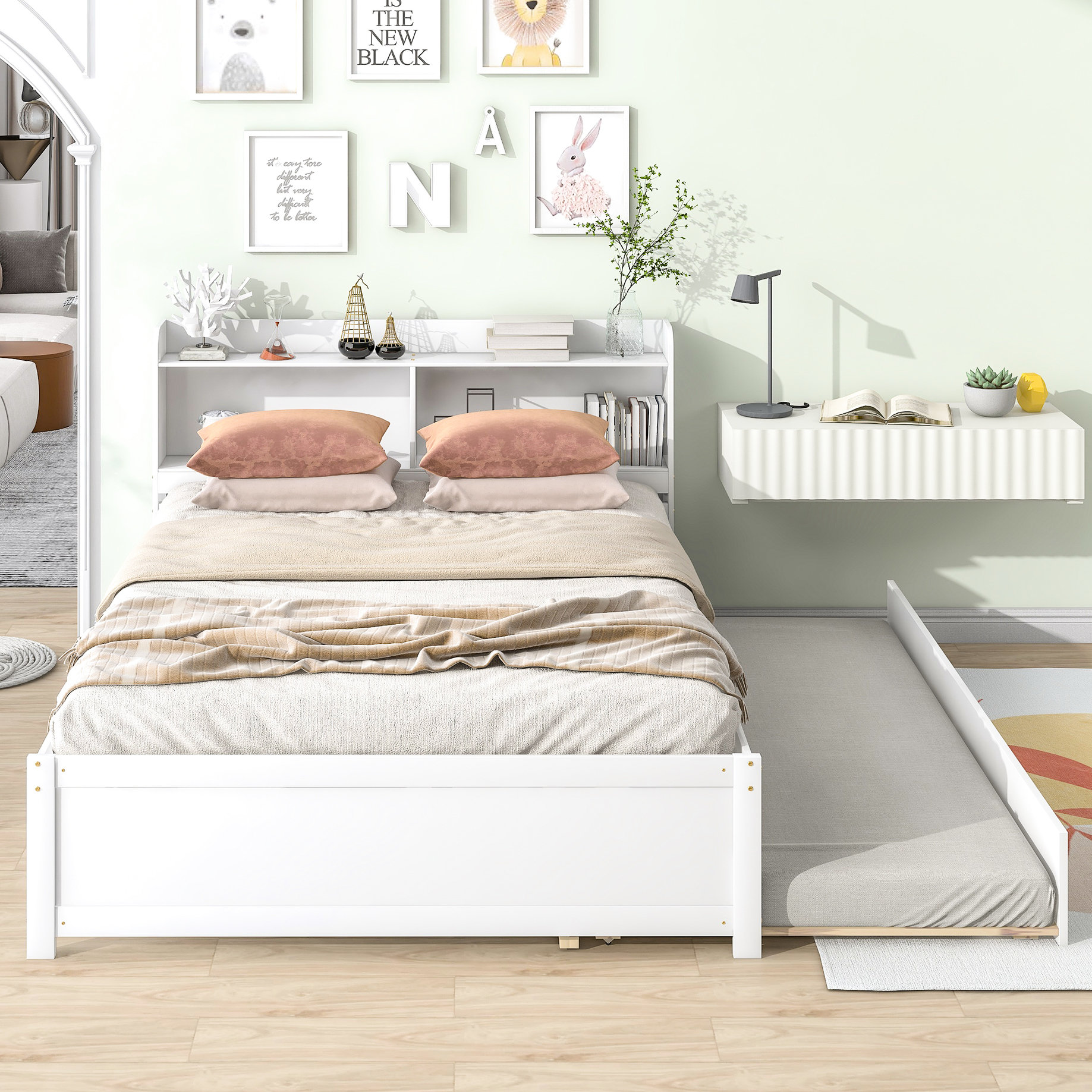 Latitude Run® Twin Size Bed With Trundle And Elegant Bookcase - Fine ...