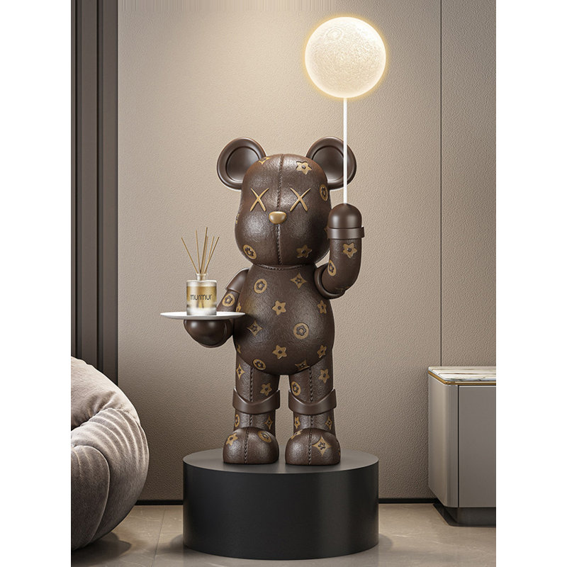 Modern Luxury Resin Bear Statue with LED Moon Lamp & Tray