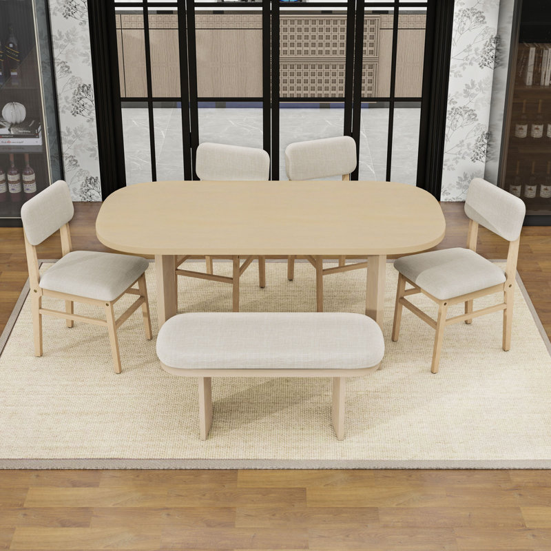 Ensemble de table de salle à manger en bois massif avec banc - Ensemble de table de salle à manger rembourré 6 pièces pour les réunions de famille, style campagne moderne