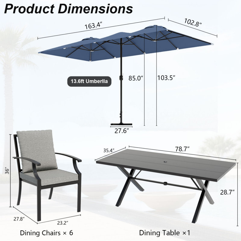 6-Person Patio Dining Set Powder Coated Steel Stackable Ergonomics Dining Armchairs Rectangular Table Umbrellas, Navy, Gray