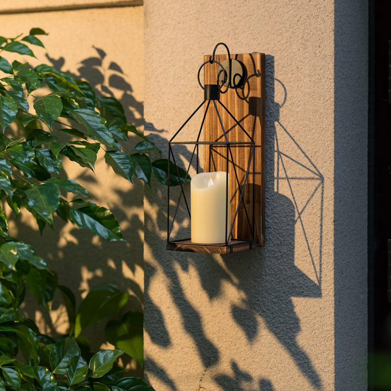 Candle Sconces Wall Decor Set Of 2: Farmhouse Wood Candle Holder - Indoor Metal Lantern Decorations For Living Room Front Porch Yard