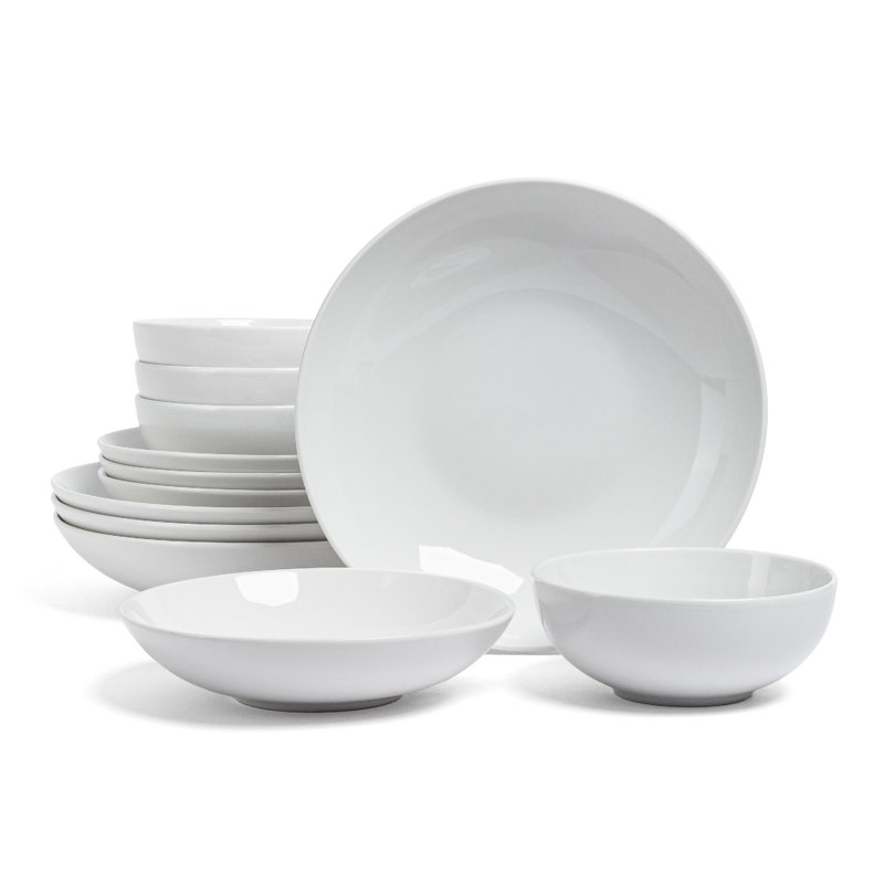 over&back Coupe 12-Piece Glossy White Hand-Finished Porcelain Dinnerware Set