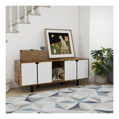 Enceinte cachée pour litière pour 2 chats, meuble télé avec 2 cabines, bac à sable, porte double, pour l'intérieur, 57,9 po x 18,9 po x 22,8 po, brun rustique