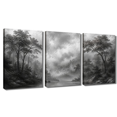 3 panneaux muraux noir et blanc montagne forêt rivière, reproduction d'art sur toile