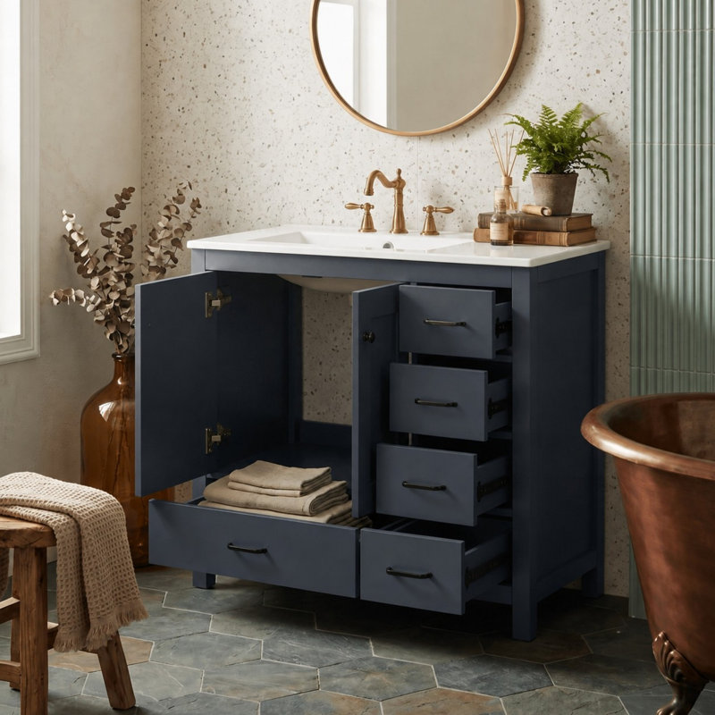 Ensemble de meuble-lavabo simple autoportant avec 5 tiroirs, Bleu ardoise