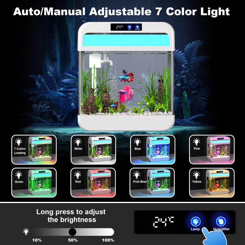 2.2 Gallon White Glass Fish Tank with 7-Color Light and Humidifier