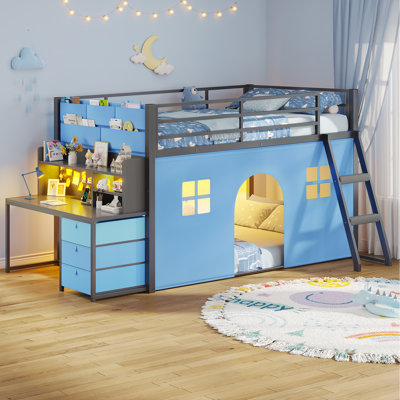 Lit mezzanine double double avec bureau, éclairage DEL et station de recharge, lit superposé en métal pour enfants avec rangement et rideau de jeu, gris
