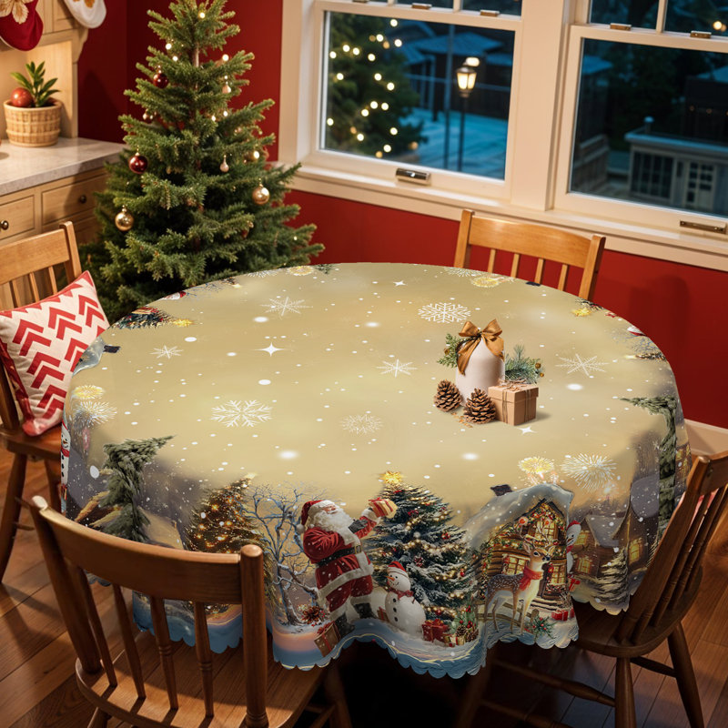 1pc Christmas Themed Print Tablecloth, Round/Rectangular Table Cloth, Mantel Para Mesa De Comedor, Xmas Decor, Holiday Party Indoor Dining Decor, Round Rectangle Christmas Table Cover, Festive Home Kitchen Accessory Gifts, Several Sizes Available
