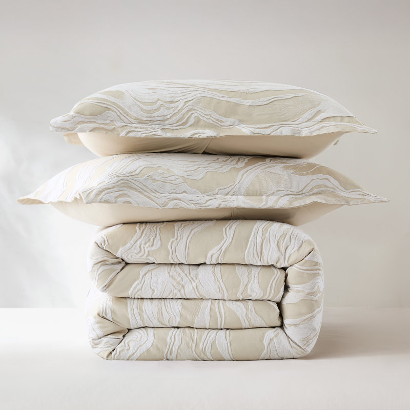 Cascade Wave Cotton Comforter Set Cream/White 3 Piece Set King, King Comforter + 2 King Shams, Cream