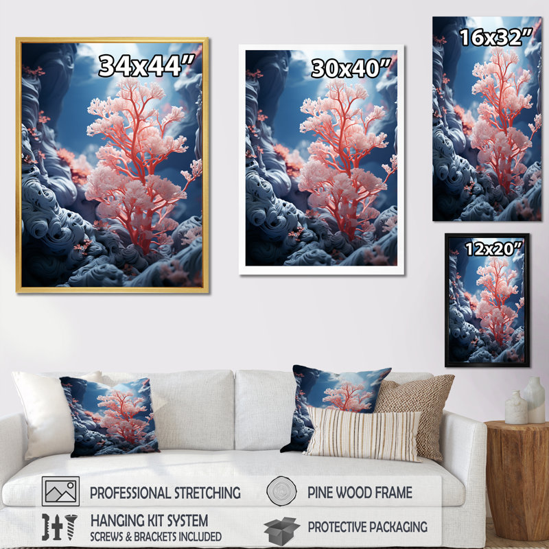 Rose corail et anémones dansant III, Cadre flottant noir, H 44 po x l 34 po x P 1,5 po