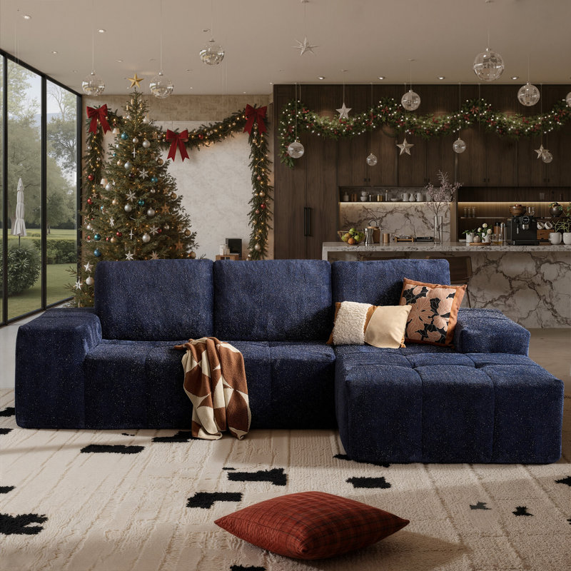 Nathasa 114" Upholstered Boneless Compression Sectional with Soft Starry Fabric, Convertible Sofa Bed for Living Room, Home Theater