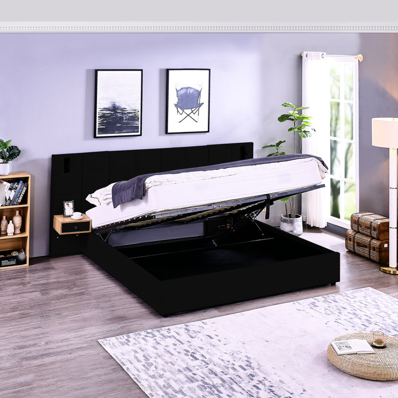 Lit plateforme en velours noir très grand avec 2 tablettes, lampes et - élégant lit de chambre à coucher, construction stable, rangement en dessous avec rangement, conception moderne port, structure,