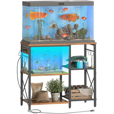 Fish Tank Stand with Power Outlet and LED Light, 20-29-37 Gallon Aquarium Stand with Storage Shelves