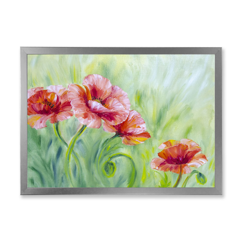 «Red Blossoming Poppies II», peinture sur toile, H 12 po x l 20 po x P 1,5 po, Toile avec cadre argenté