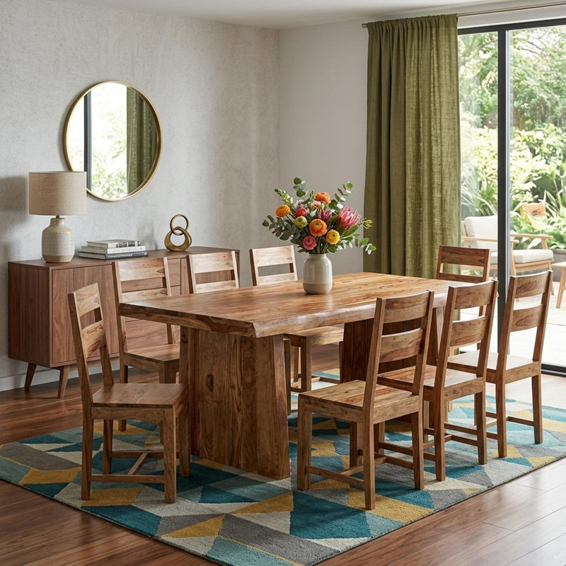 Ensemble de salle à manger neuf pièces en bois massif brun avec huit chaises, Brun, 7 pièces : table, 6 chaises