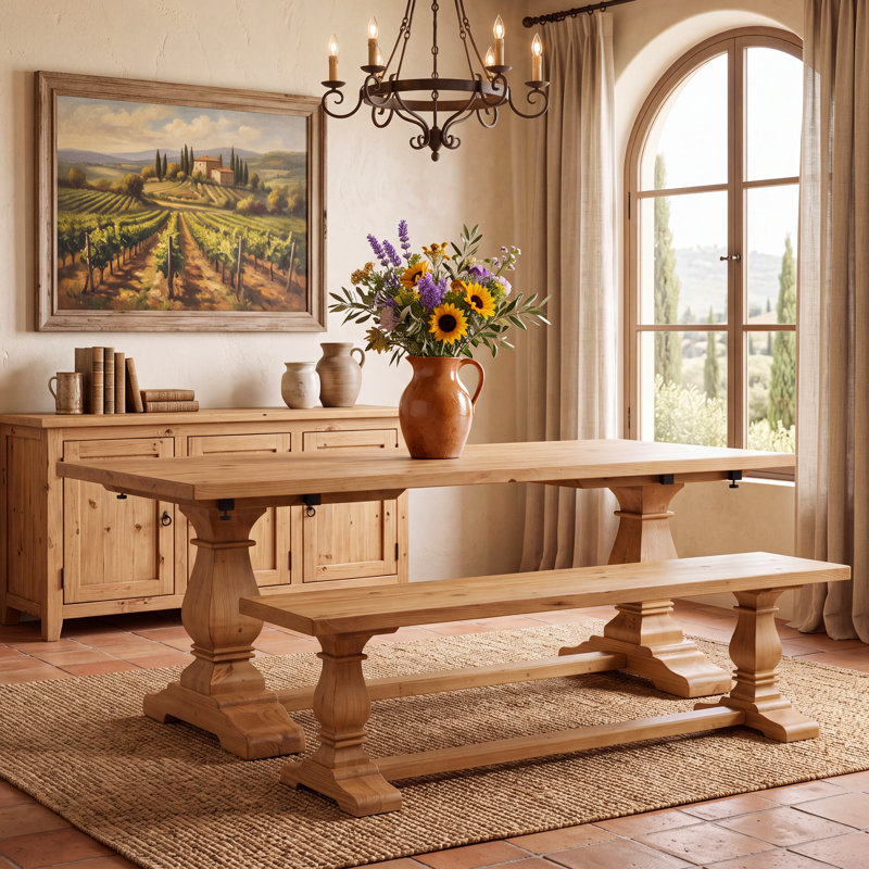 Solid Wood Bench With Double Trestle